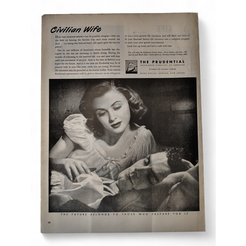 1946 Prudential Insurance Print Ad Civilian Wife Post-War Grey Noir Ephemera